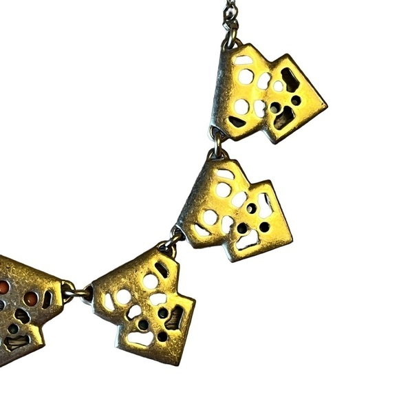 J Crew Antique Look Statement Bib Necklace Gold Peach Blue Rhinestones - Picture 5 of 7